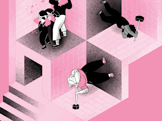 Torre con escalera y salas donde hay mujeres rompiendo con martillos las paredes. Sensación de lucha fructífera pero pesada
